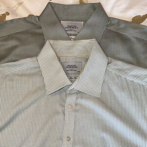 Charles Tyrwhitt Men's Checkered Dress Shirt Bundle- Green and Blue